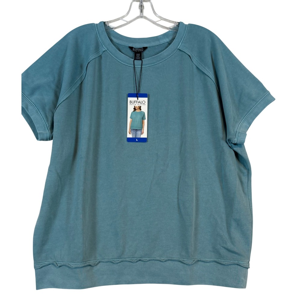 Buffalo David Bitton Womens Crystal Teal Super Soft Terry Top Short Sleeve •L•